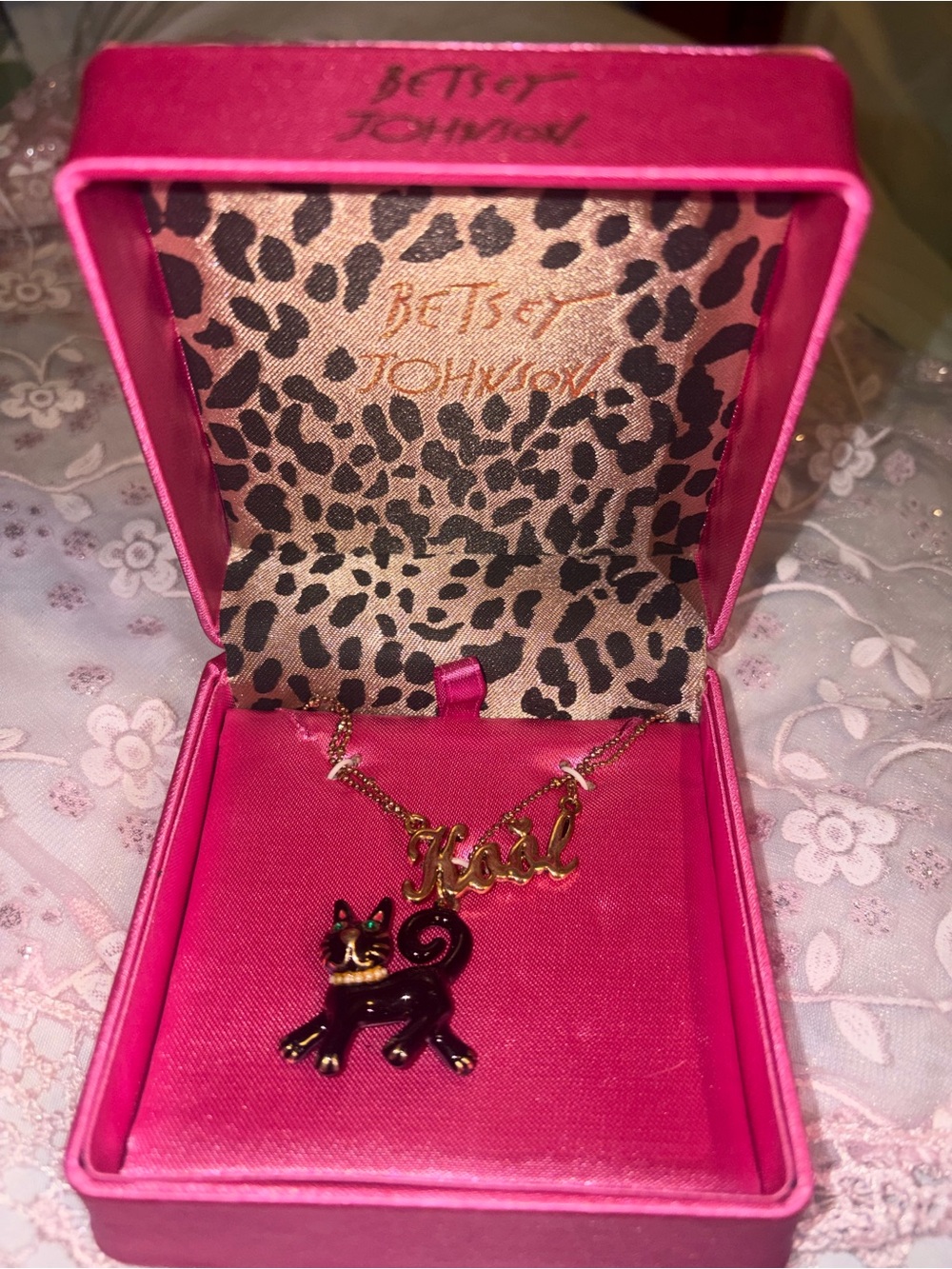 Betsey Johnson Hot Pink Boxed Cat Pendant Necklace with Gold 'Meow' Script